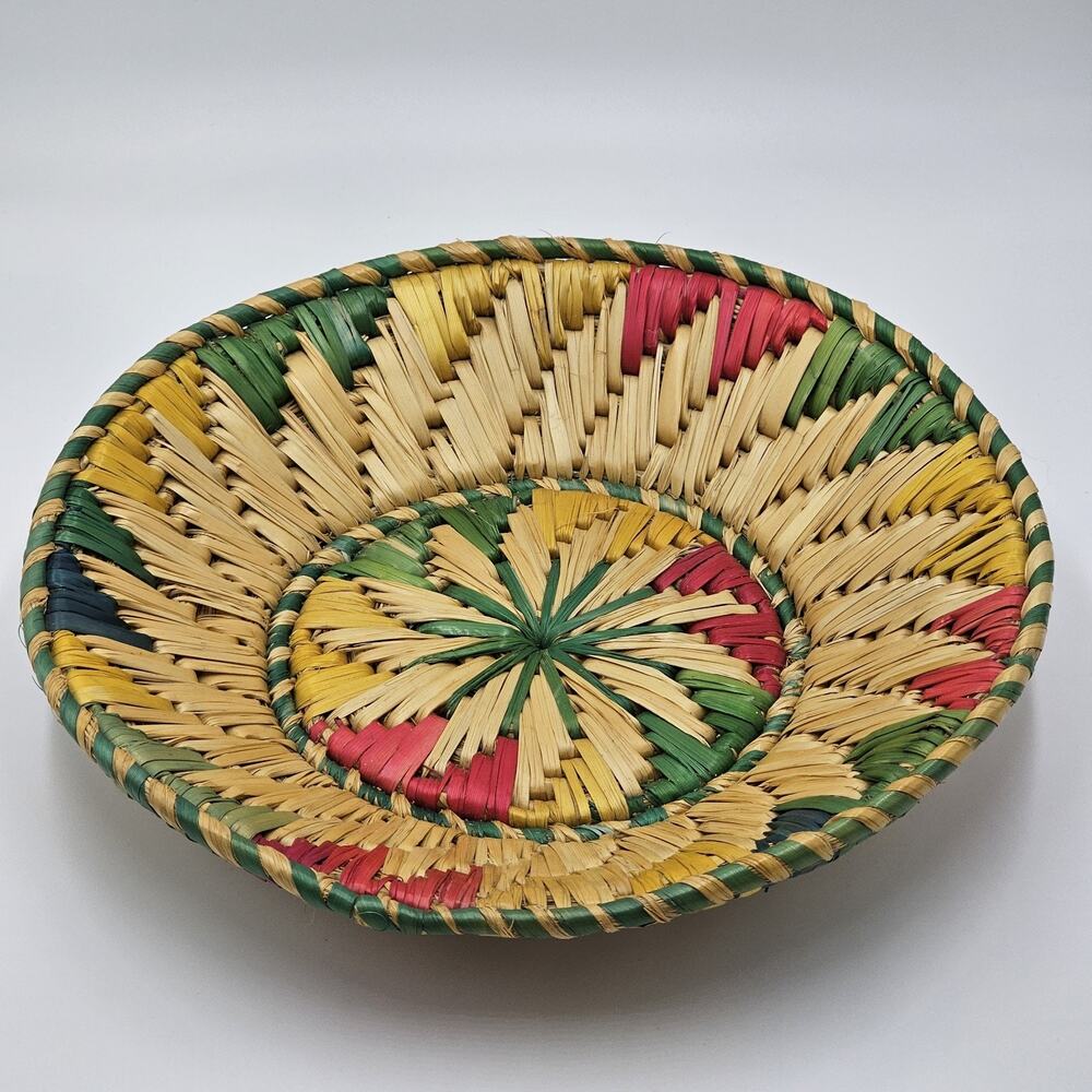 Vintage Handmade Sikki Grass Woven Colorful Basket Pink Blue Yellow Green